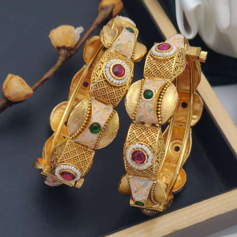 Akruti Collection Gold Plated Pota Stone And Meenakari Openable Bangles Set