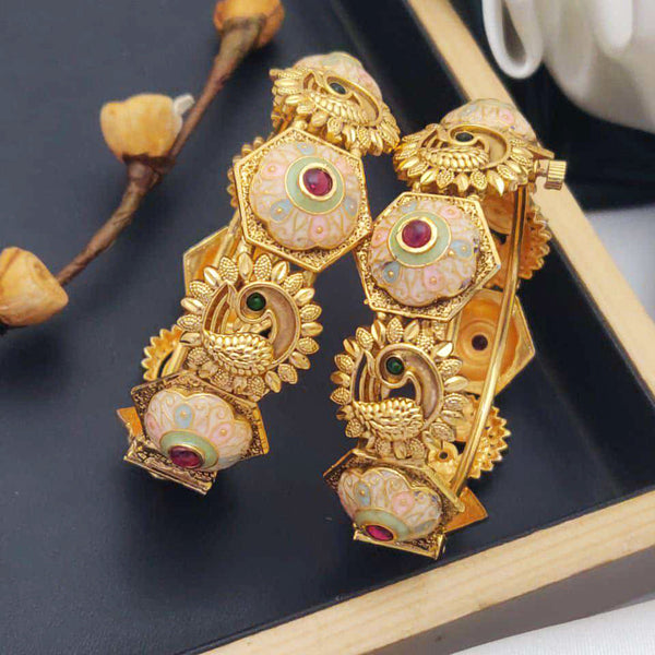 Akruti Collection Gold Plated Pota Stone And Meenakari Openable Bangles Set