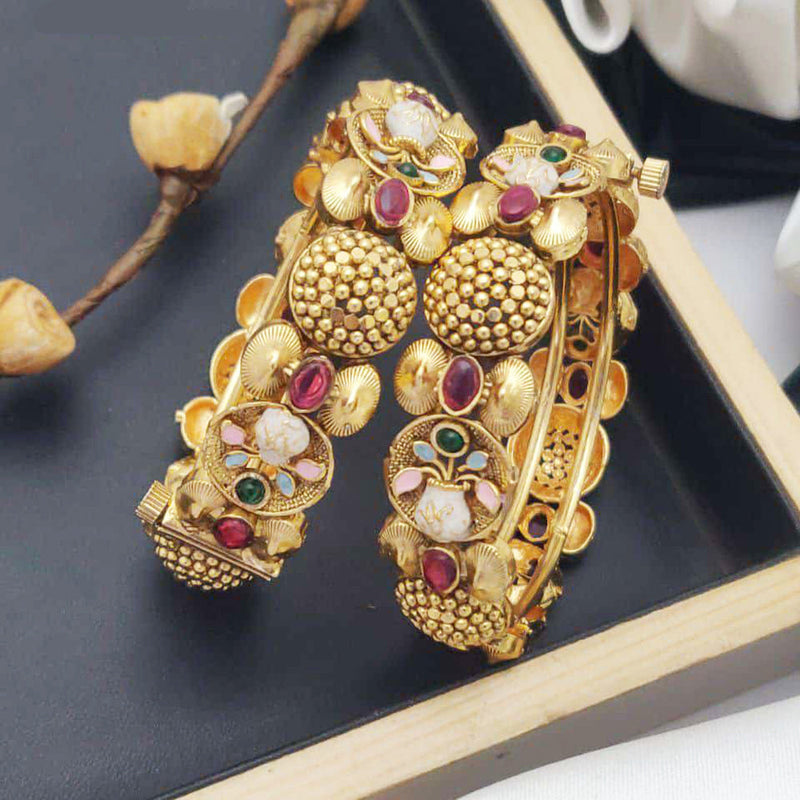 Akruti Collection Gold Plated Pota Stone And Meenakari Openable Bangles Set