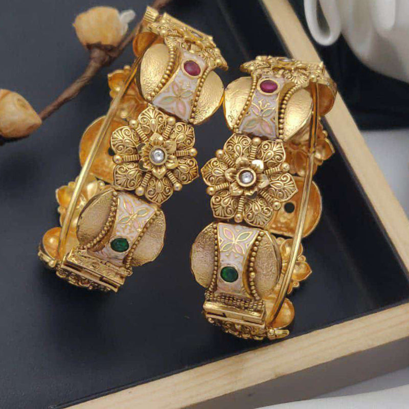 Akruti Collection Gold Plated Pota Stone And Meenakari Openable Bangles Set