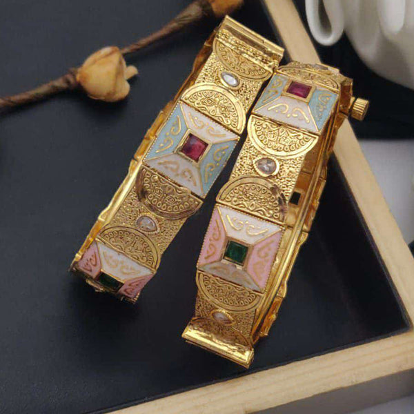 Akruti Collection Gold Plated Pota Stone And Meenakari Openable Bangles Set