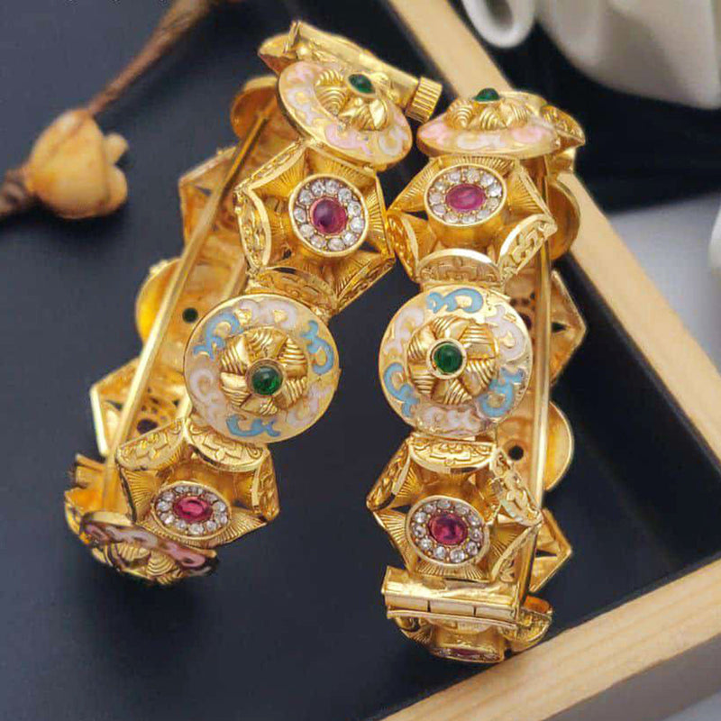 Akruti Collection Gold Plated Pota Stone And Meenakari Openable Bangles Set