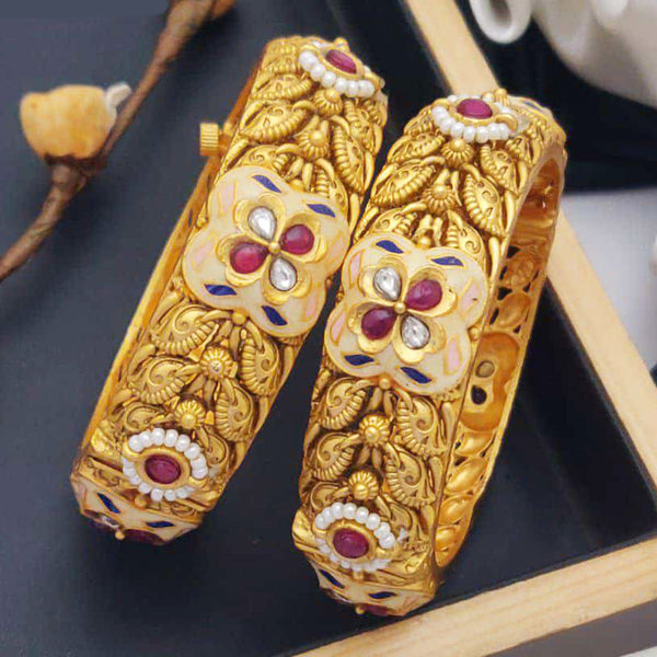 Akruti Collection Gold Plated Pota Stone And Meenakari Openable Bangles Set