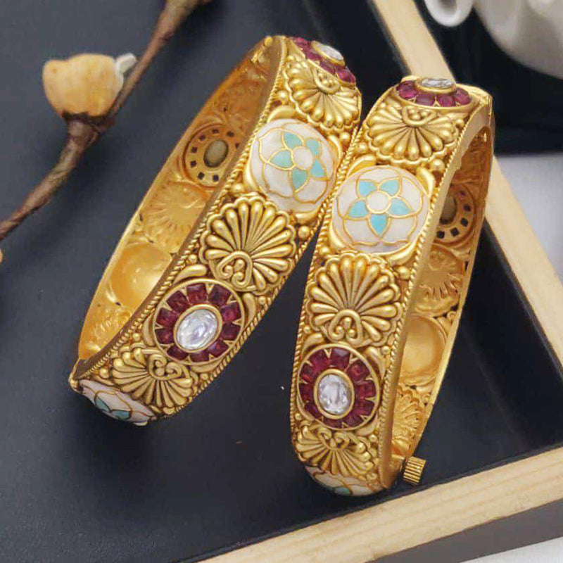 Akruti Collection Gold Plated Pota Stone And Meenakari Openable Bangles Set