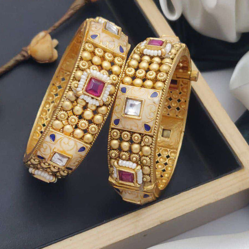 Akruti Collection Gold Plated Pota Stone And Meenakari Openable Bangles Set