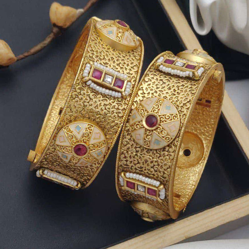 Akruti Collection Gold Plated Pota Stone And Meenakari Openable Bangles Set