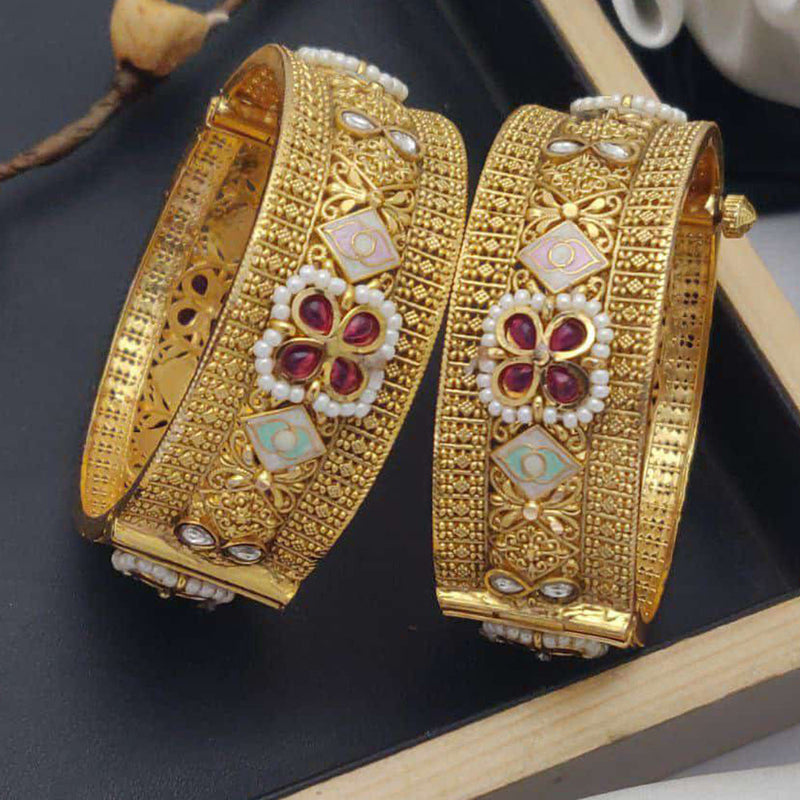 Akruti Collection Gold Plated Pota Stone And Meenakari Openable Bangles Set