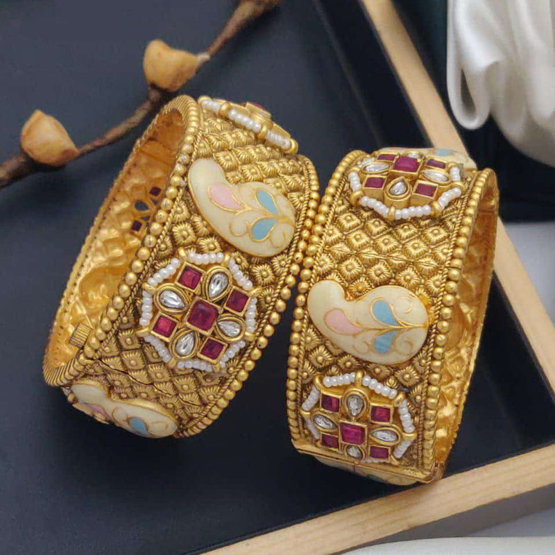 Akruti Collection Gold Plated Pota Stone And Meenakari Openable Bangles Set