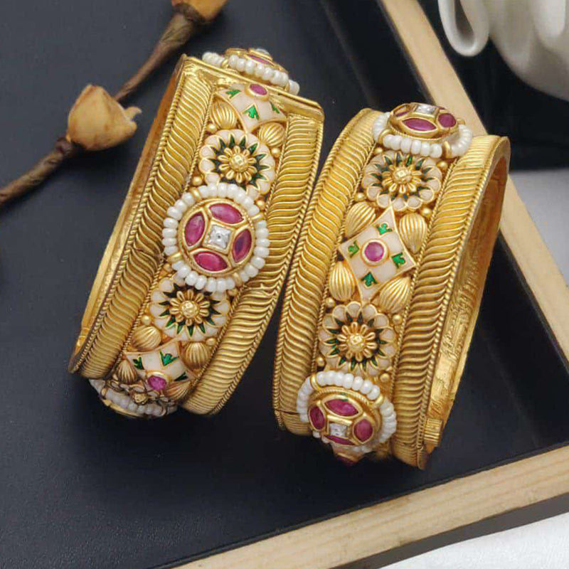 Akruti Collection Gold Plated Pota Stone And Meenakari Openable Bangles Set