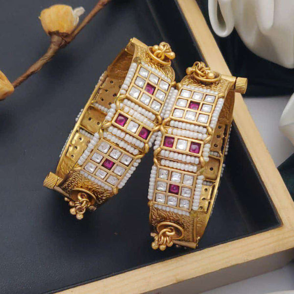 Akruti Collection Gold Plated Pota Stone And Pearls Openable Bangles Set