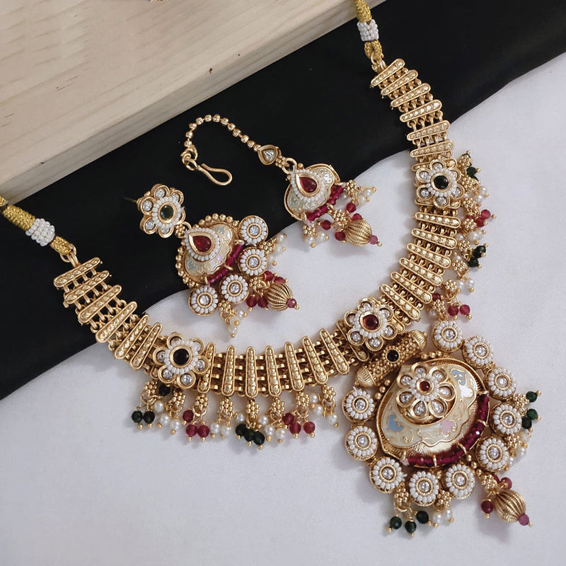 Akruti Collection Gold Plated Pota Stone And Pearls Meenakari Necklace Set