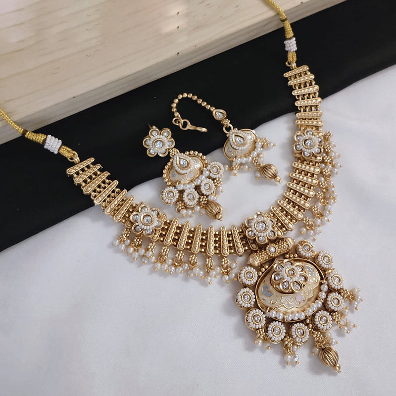 Akruti Collection Gold Plated Pota Stone And Pearls Meenakari Necklace Set