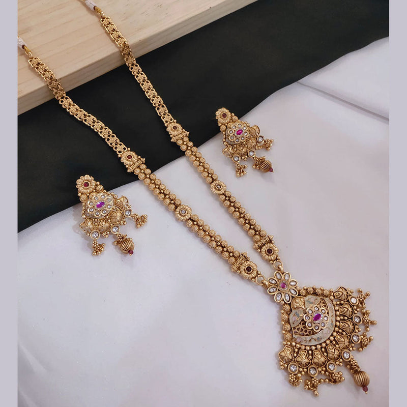 Akruti Collection Gold Plated Kundan Stone And Pearls Meenakari Long Necklace Set