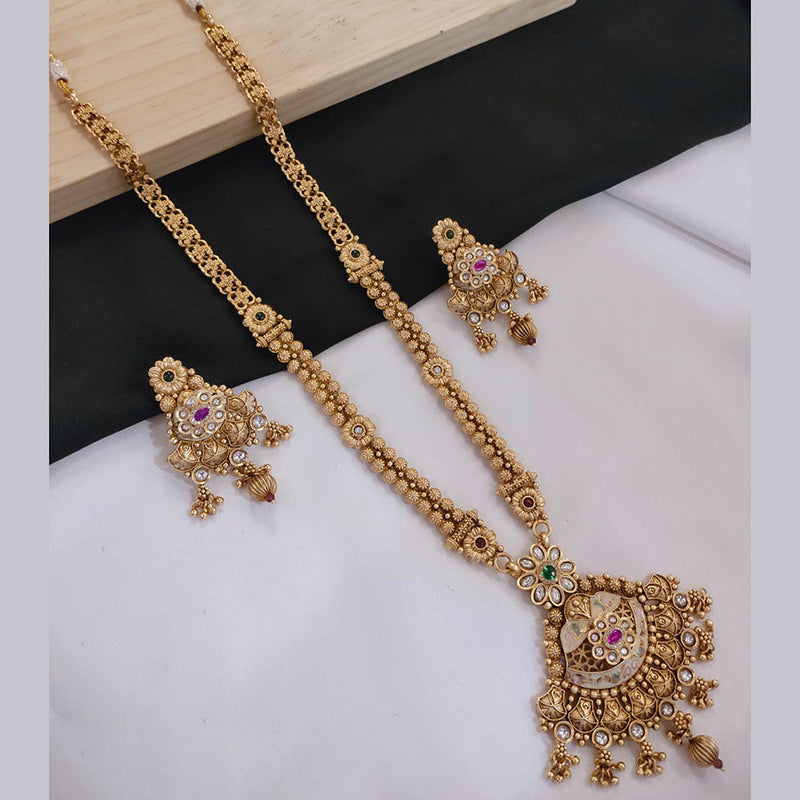 Akruti Collection Gold Plated Kundan Stone And Pearls Meenakari Long Necklace Set