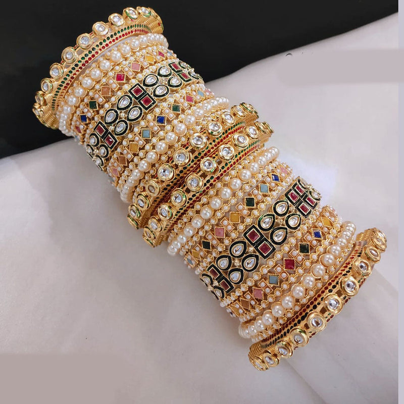 Akruti Collection Gold Plated Kundan Stone And Crystal Stone Pearls Bangles Set