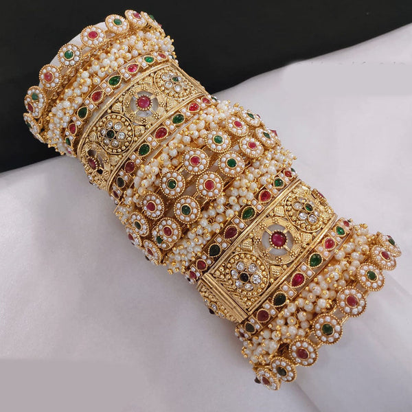 Akruti Collection Gold Plated Pota Stone And Pearl Openable Bangle Set