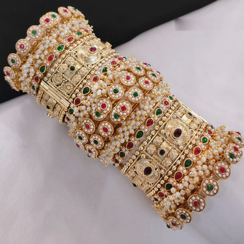 Akruti Collection Gold Plated Pota Stone And Pearl Openable Bangle Set