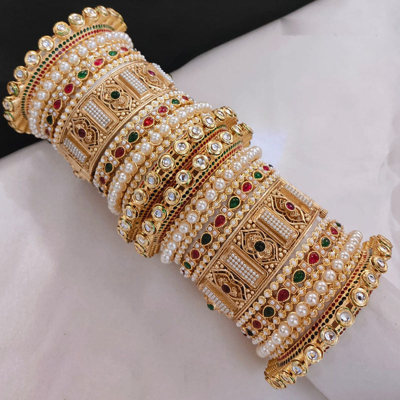 Akruti Collection Gold Plated Pota Stone And Pearl Openable Bangle Set