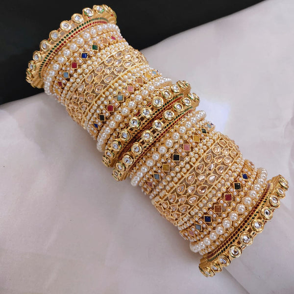 Akruti Collection Gold Plated Kundan Stone And Crystal Stone Pearls Bangles Set