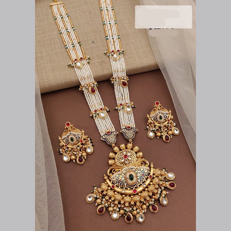 Akruti Collection Gold Plated Kundan Stone And Pearls Meenakari Long Necklace Set