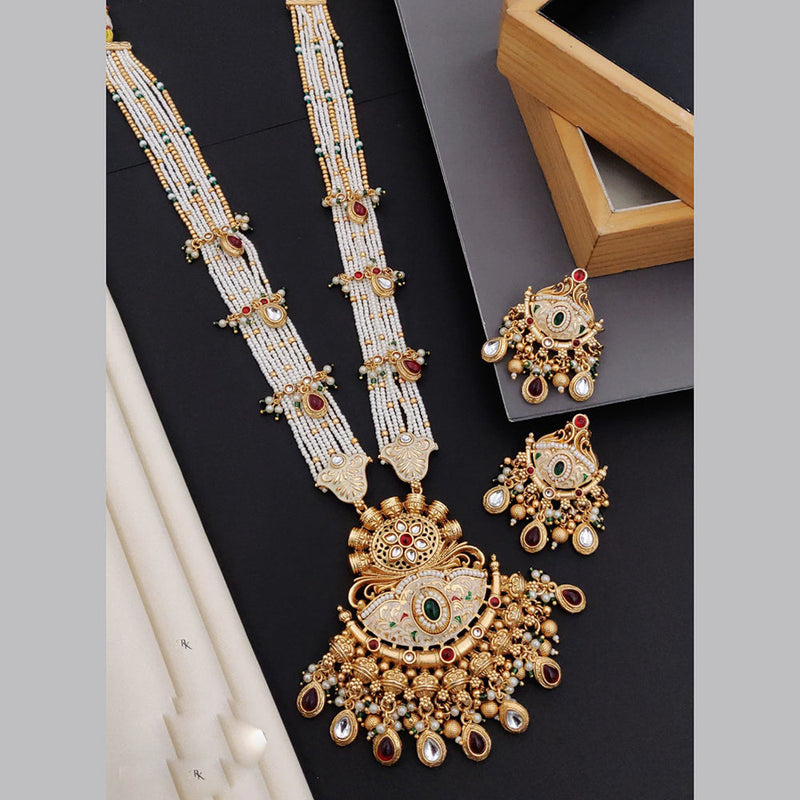 Akruti Collection Gold Plated Kundan Stone And Pearls Meenakari Long Necklace Set