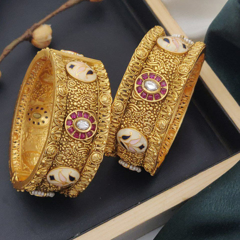 Akruti Collection Gold Plated Pota Stone And Meenakari Openable Bangle Set