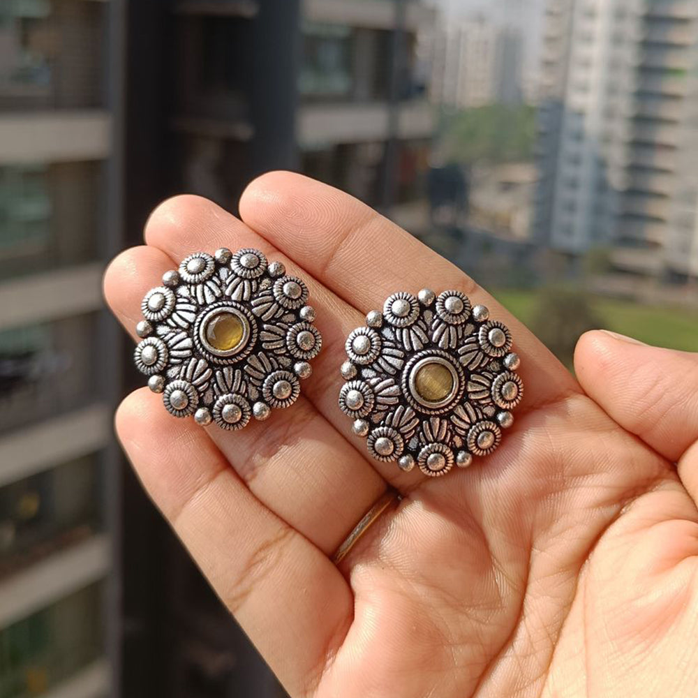 Akruti Collection Oxidised Plated Pota Stone Studs