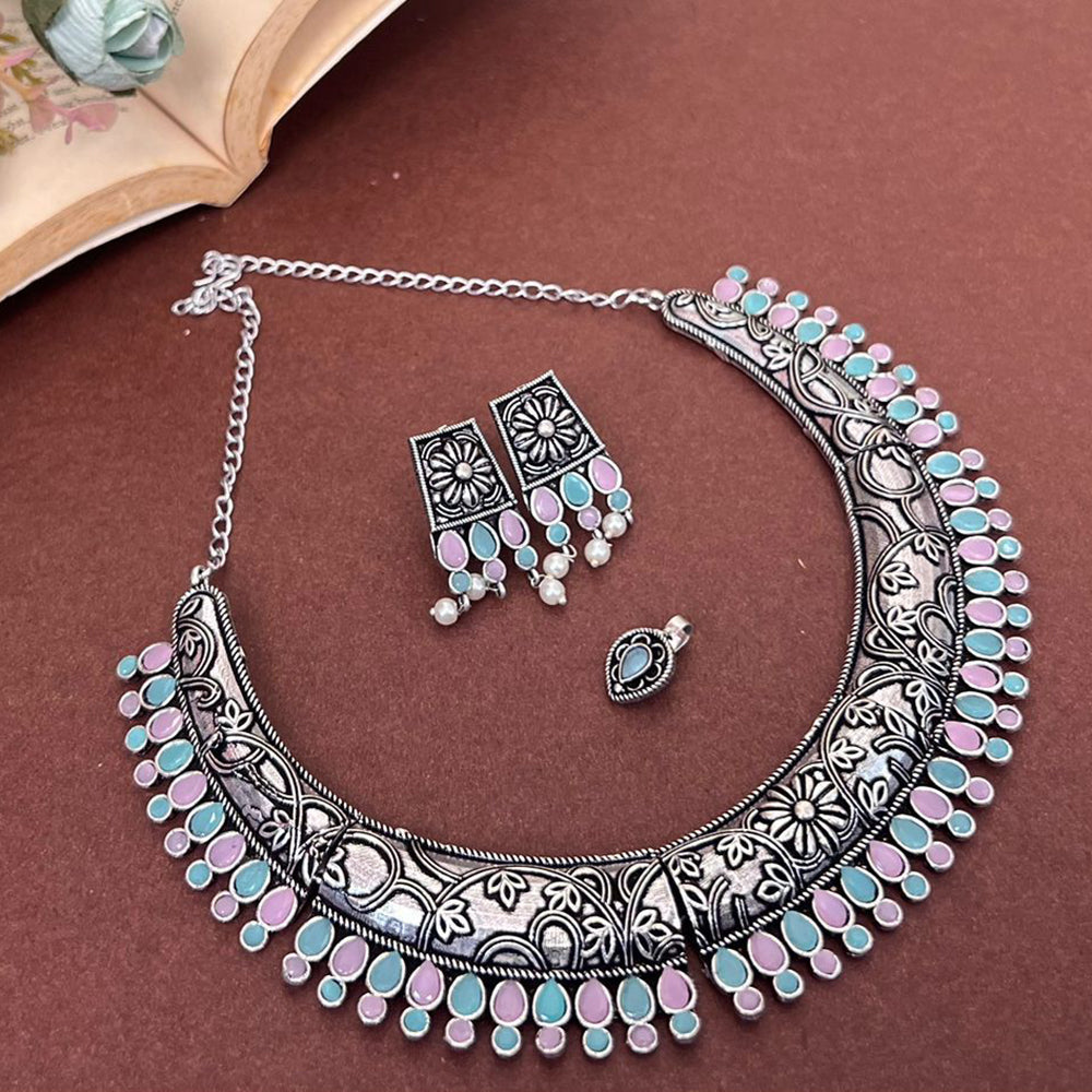 Akruti Collection Oxidised Plated Pota Stone Necklace Set