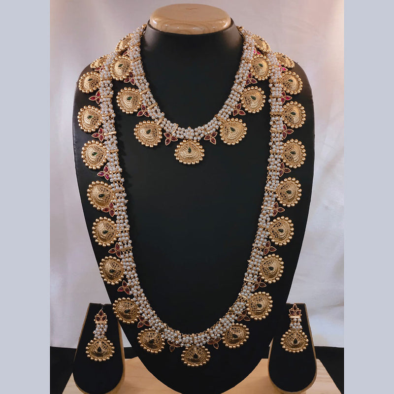 Akruti Collection Gold Plated Pota Stone And Pearl Double Necklace Set