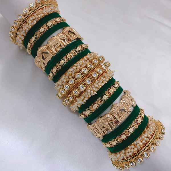 Akruti Collection Gold Plated Pota Stone And Pearl Meenakari Velvet Bangles Set