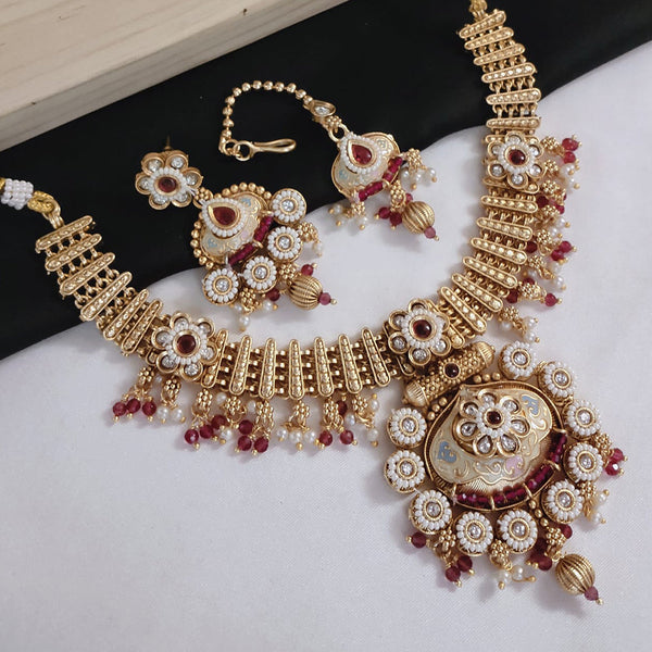 Akruti Collection Gold Plated Pota Stone And Pearls Meenakari Necklace Set