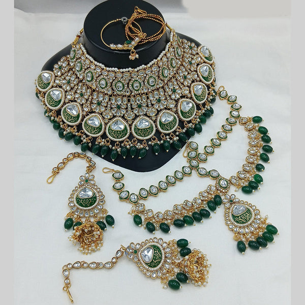 Akruti Collection Gold Plated Kundan Stone And Pearls Meenakari Semi Bridal Necklace Set