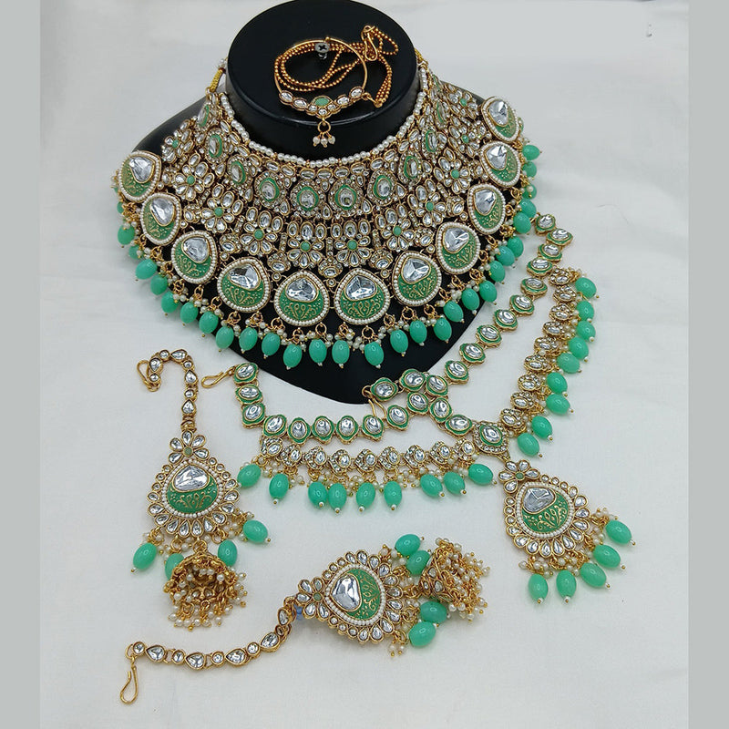 Akruti Collection Gold Plated Kundan Stone And Pearls Meenakari Semi Bridal Necklace Set