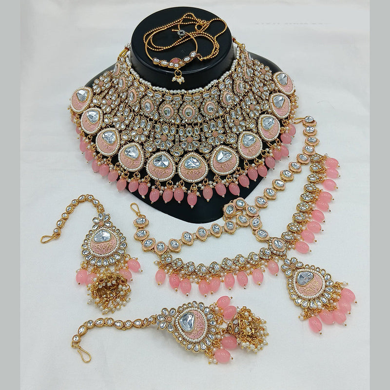 Akruti Collection Gold Plated Kundan Stone And Pearls Meenakari Semi Bridal Necklace Set