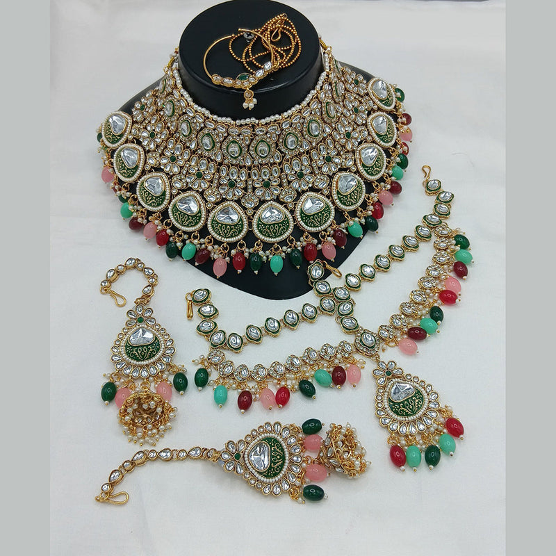 Akruti Collection Gold Plated Kundan Stone And Pearls Meenakari Semi Bridal Necklace Set