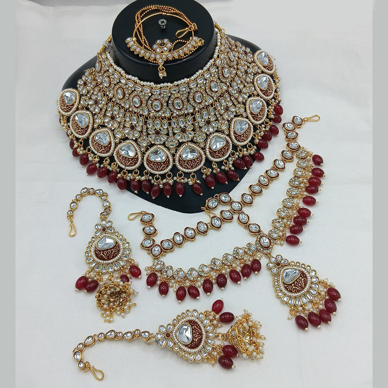 Akruti Collection Gold Plated Kundan Stone And Pearls Meenakari Semi Bridal Necklace Set