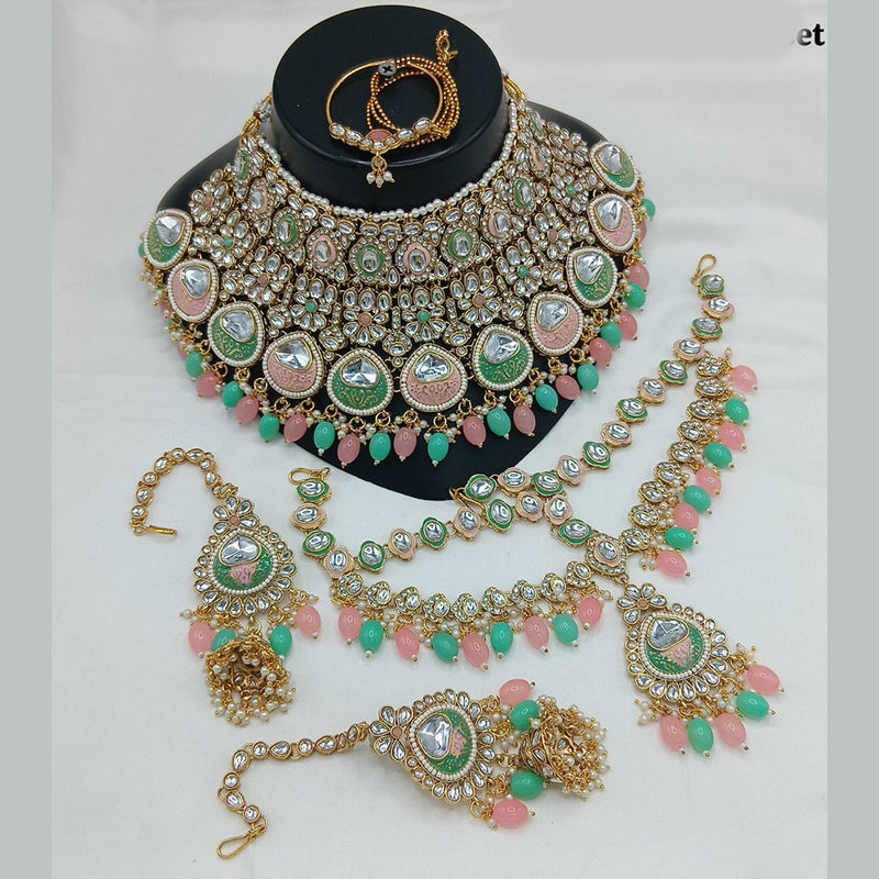 Akruti Collection Gold Plated Kundan Stone And Pearls Meenakari Semi Bridal Necklace Set