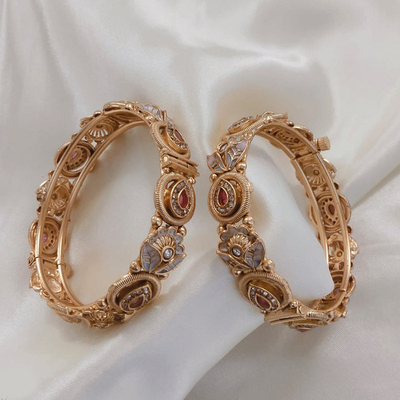 Akruti Collection Gold Plated Pota Stone And Pearls Openable Bangle Set