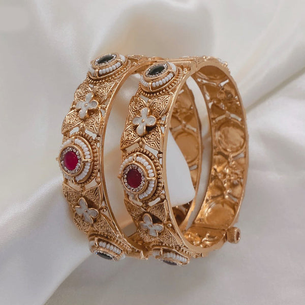 Akruti Collection Gold Plated Pota Stone And Meenakari Openable Bangle Set