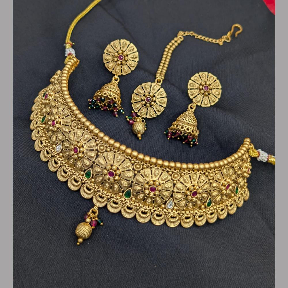 Akruti Collection Gold Plated Pota Stone And Pearls Choker Necklace Set