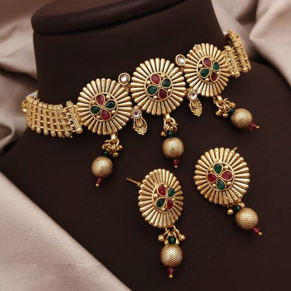 Akruti Collection Traditional Gold Finish Pota And Pearl Choker Necklace Set