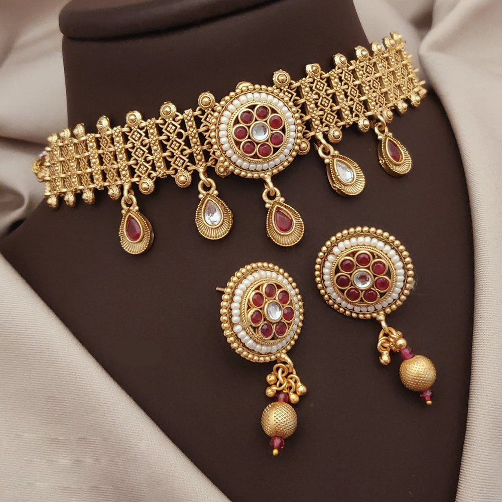 Akruti Collection Traditional Gold Finish Pota And Pearl Choker Necklace Set