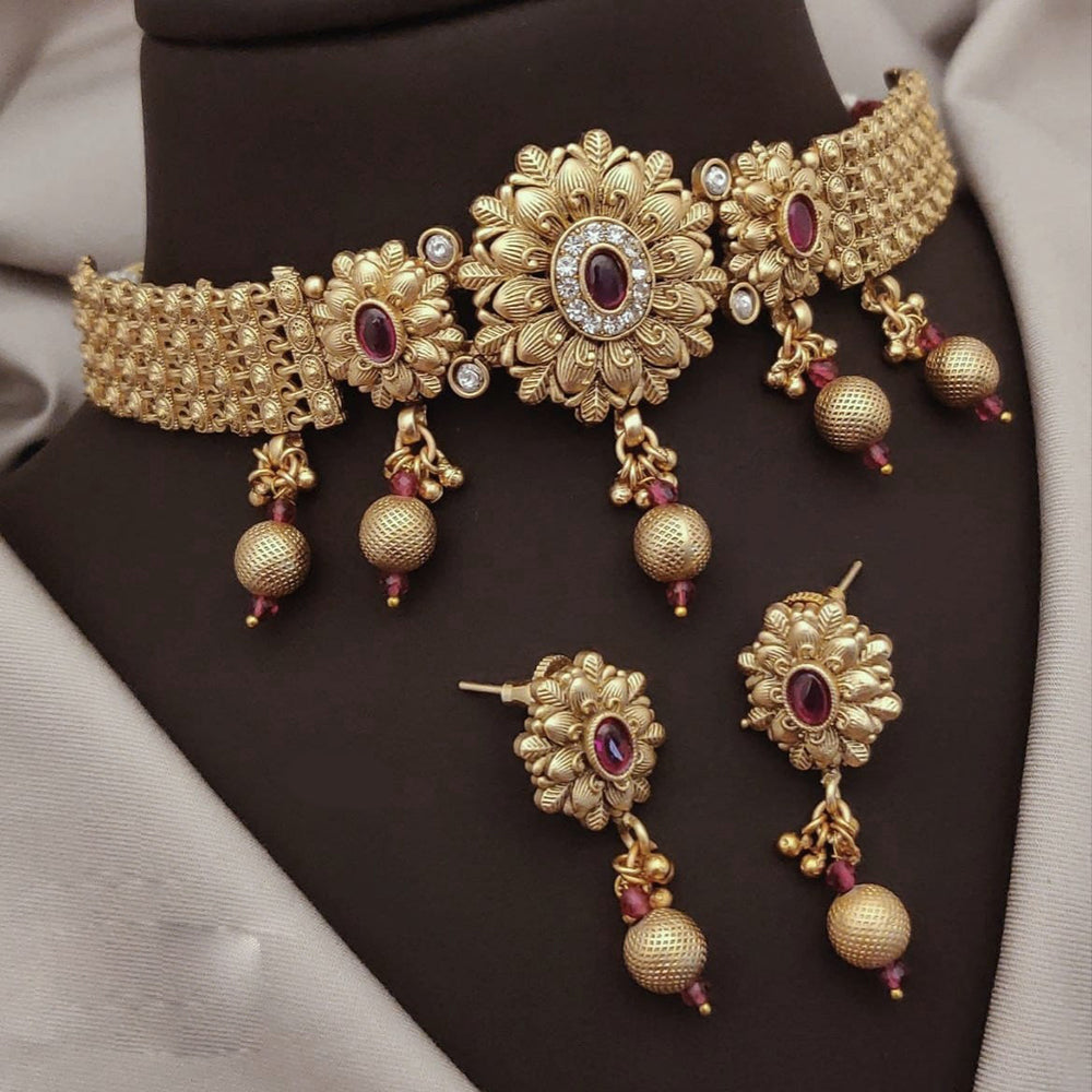 Akruti Collection Traditional Gold Finish Pota And Pearl Choker Necklace Set