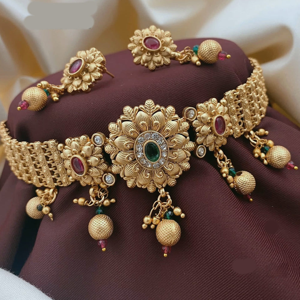 Akruti Collection Traditional Gold Finish Pota And Pearl Choker Necklace Set