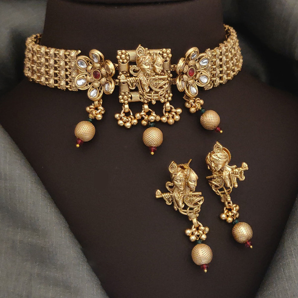 Akruti Collection Traditional Gold Finish Pota And Pearl Choker Necklace Set