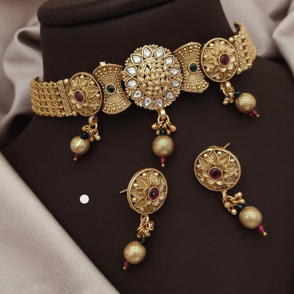 Akruti Collection Traditional Gold Finish Pota And Pearl Choker Necklace Set