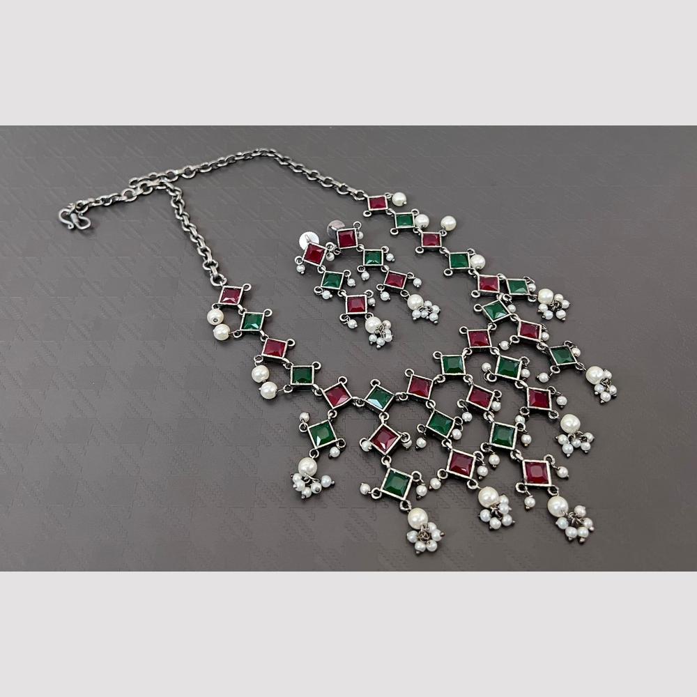 Akruti Collection Oxidised Plated Pota Stone Necklace Set