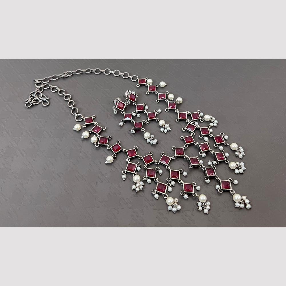 Akruti Collection Oxidised Plated Pota Stone Necklace Set