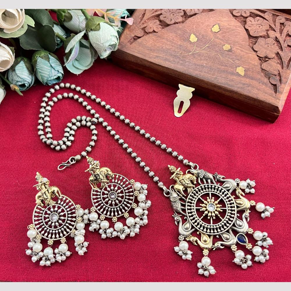 Akruti Collection 2 Tone Plated Pota Stone And Pearl Long Temple Necklace Set