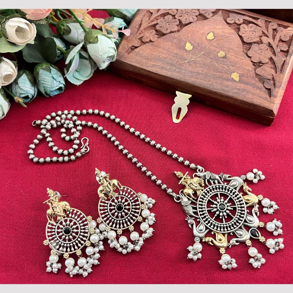 Akruti Collection 2 Tone Plated Pota Stone And Pearl Long Temple Necklace Set
